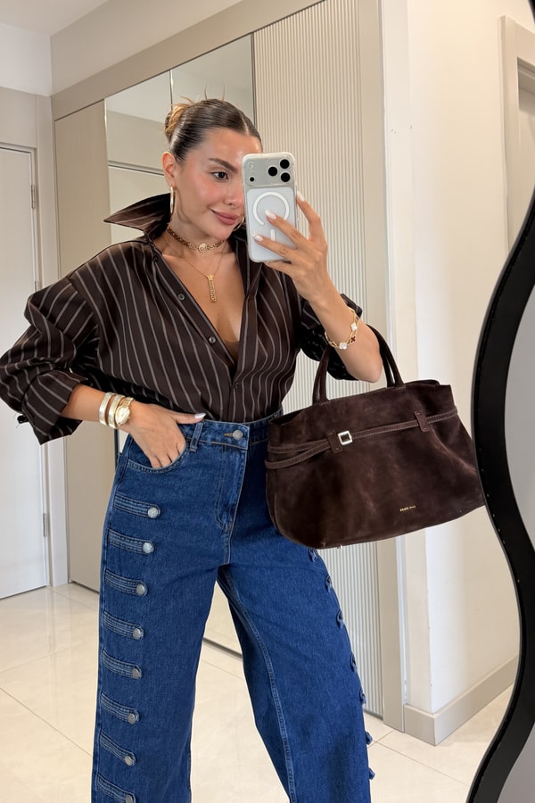 Beauty Kahve Çizgili Oversize Gömlek
