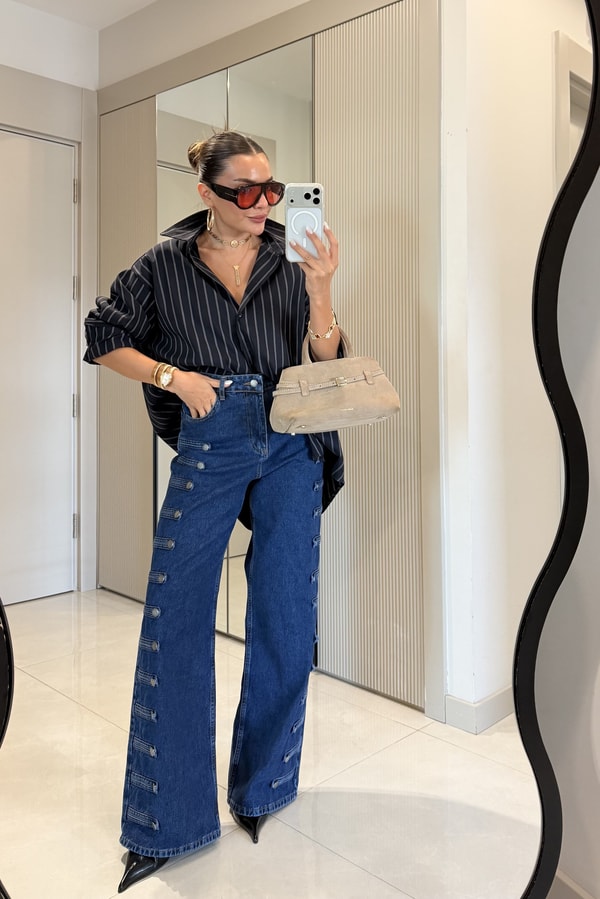 Beauty Lacivert Çizgili Oversize Gömlek