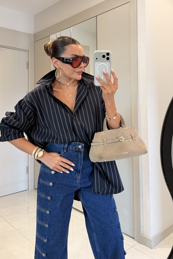 Beauty Lacivert Çizgili Oversize Gömlek