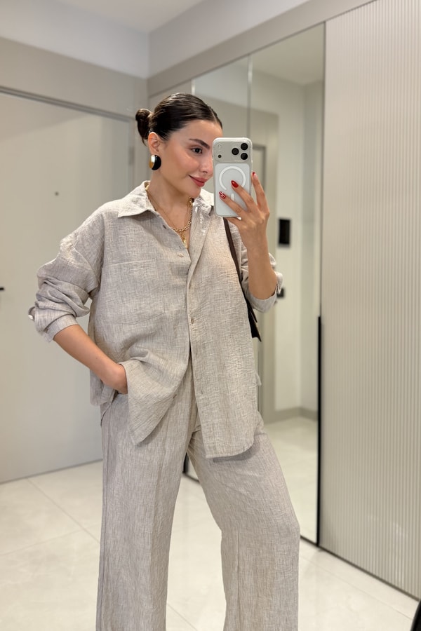 Begonia Taş Keten Gömlek Pantolon Takım