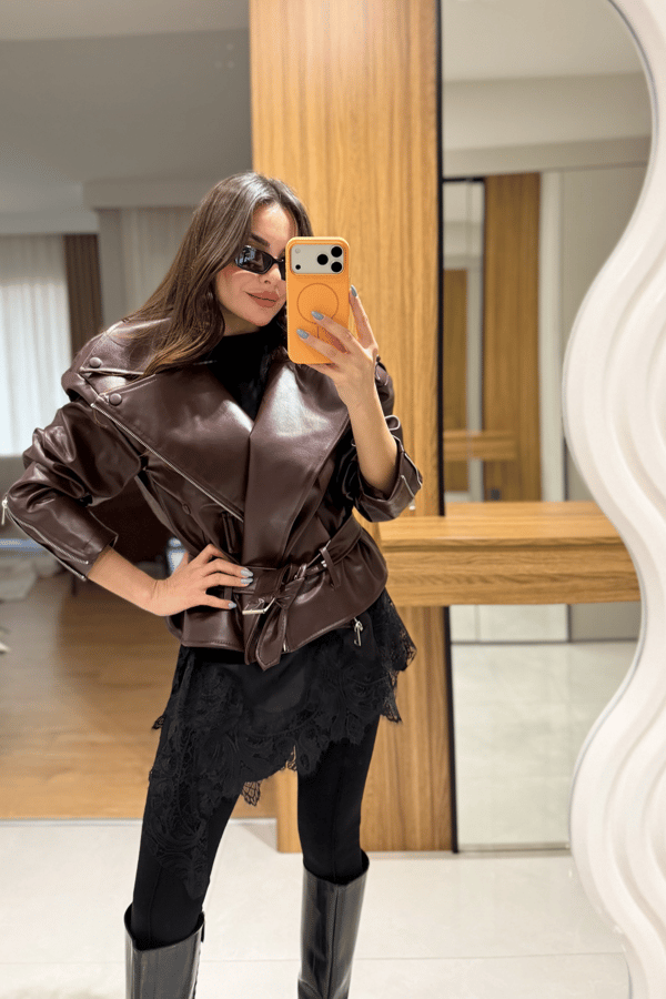 Beira Bordo Vatkalı Kemerli Deri Ceket