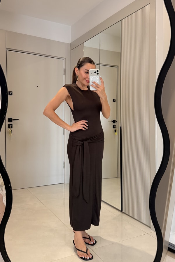 Belina Kahve Yandan Bağlama Detaylı Kalem Elbise