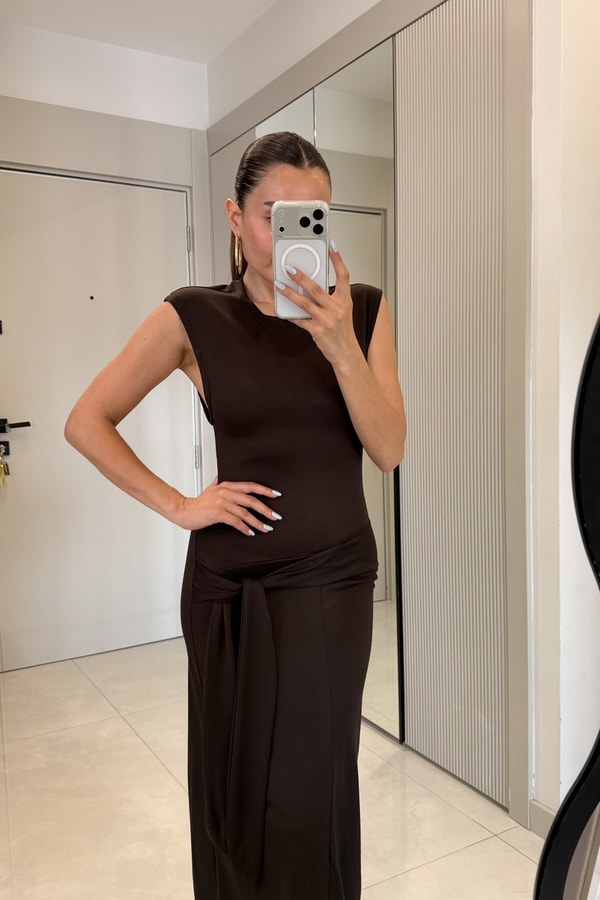 Belina Kahve Yandan Bağlama Detaylı Kalem Elbise