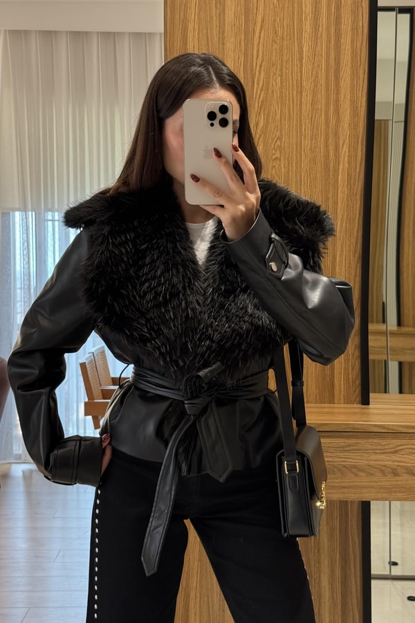 Belland Siyah Premium Kürklü Deri Mont