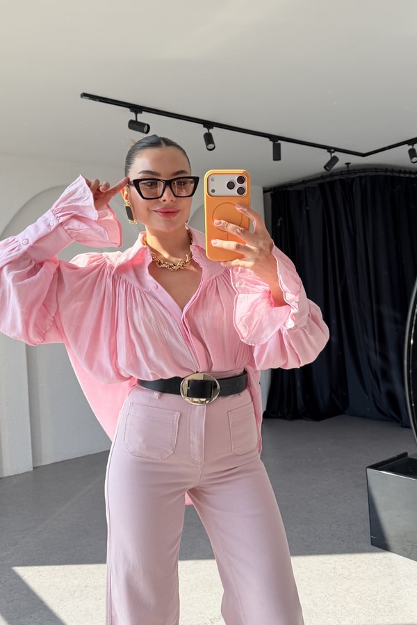 Bellis Pembe Büzgülü Tasarım Gömlek