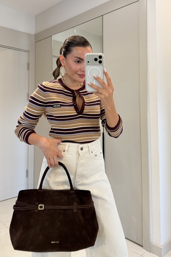 Belluna Camel Düğme Detaylı Çizgili Triko Bluz