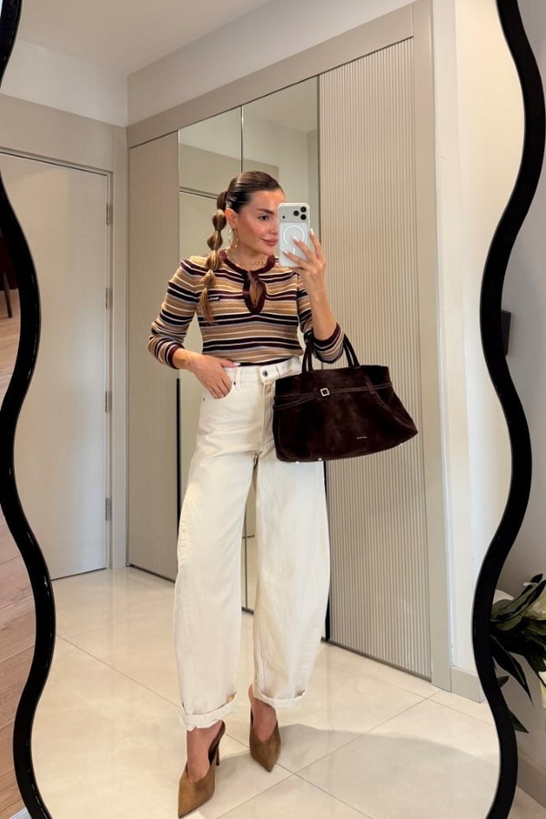 Belluna Camel Düğme Detaylı Çizgili Triko Bluz