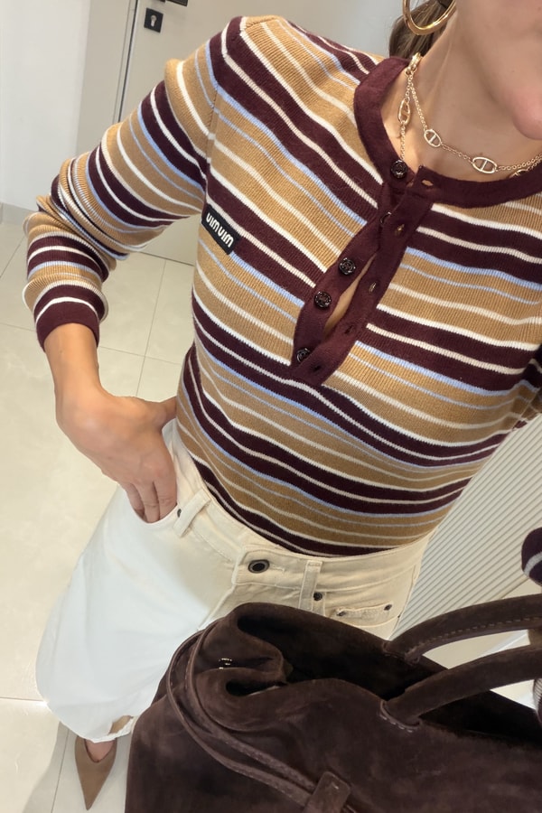 Belluna Camel Düğme Detaylı Çizgili Triko Bluz