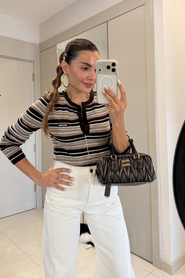 Belluna Kahve Düğme Detaylı Çizgili Triko Bluz
