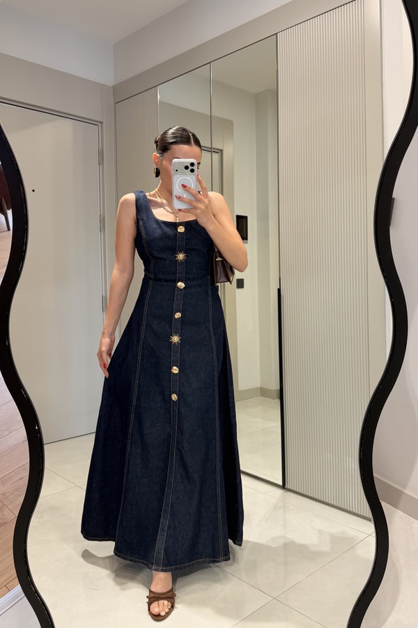 Bengonia Darkblue Düğme Detaylı Denim Elbise