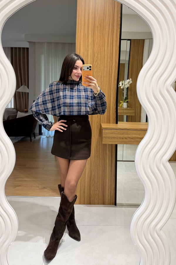 Benito Lacivert Ekose Beli Lastikli Gömlek
