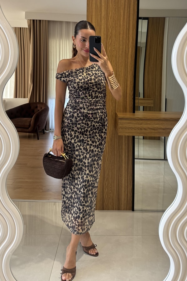 Berenice Tek Omuz Leopar Elbise