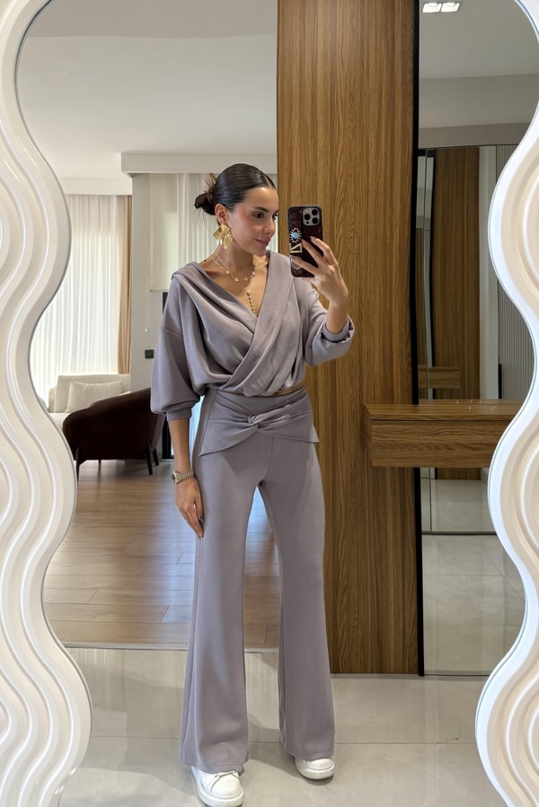 Berloco Gri Kruvaze Düğümlü Pantolon Takım