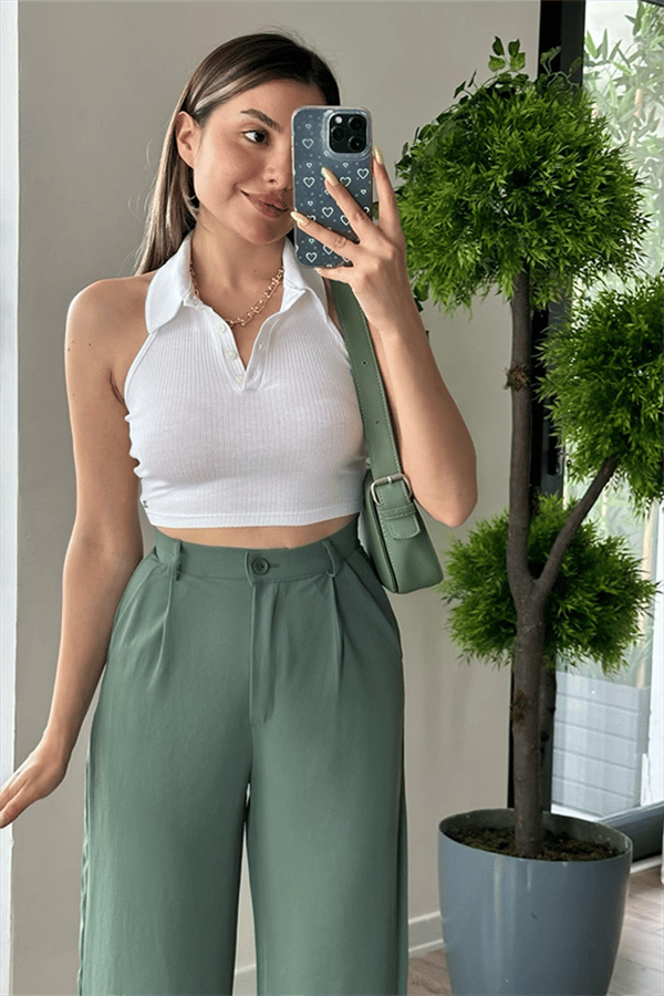 Beyaz polo yaka fitilli crop top