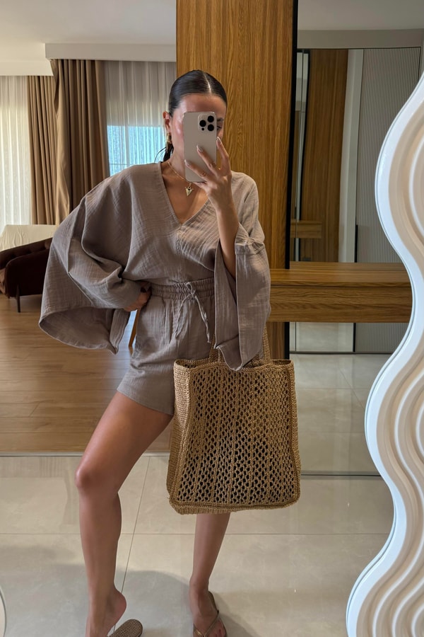 Biana Kahve Müslin Yarasa Kol Takım