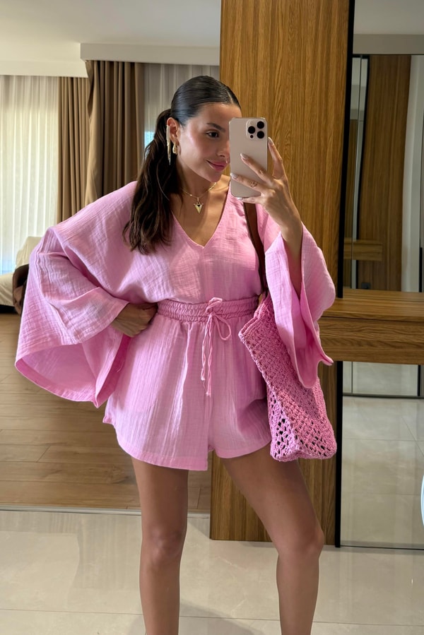 Biana Pembe Müslin Yarasa Kol Takım