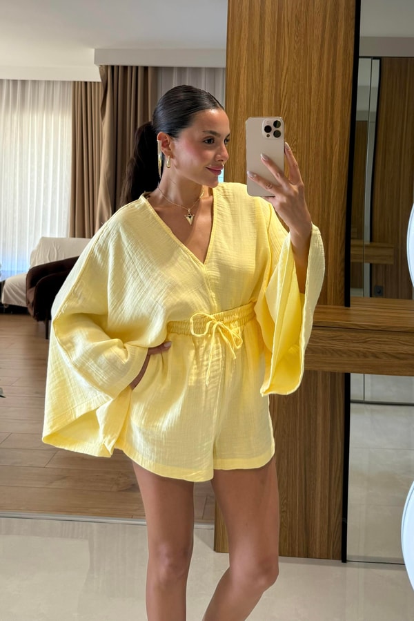 Biana Sarı Müslin Yarasa Kol Takım