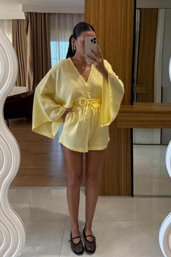 Biana Sarı Müslin Yarasa Kol Takım