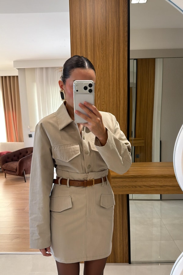 Bianka Krem Gabardin Cepli Takım
