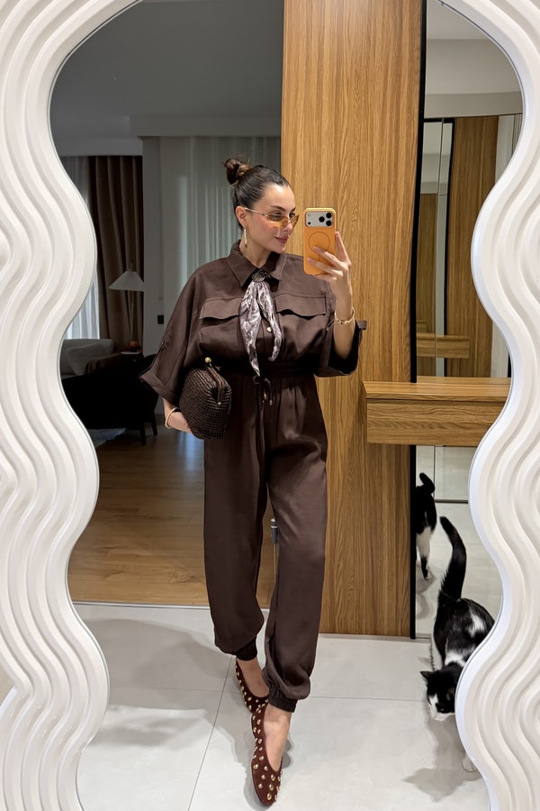 Bielle Kahve Atlı Lastikli Pantolon