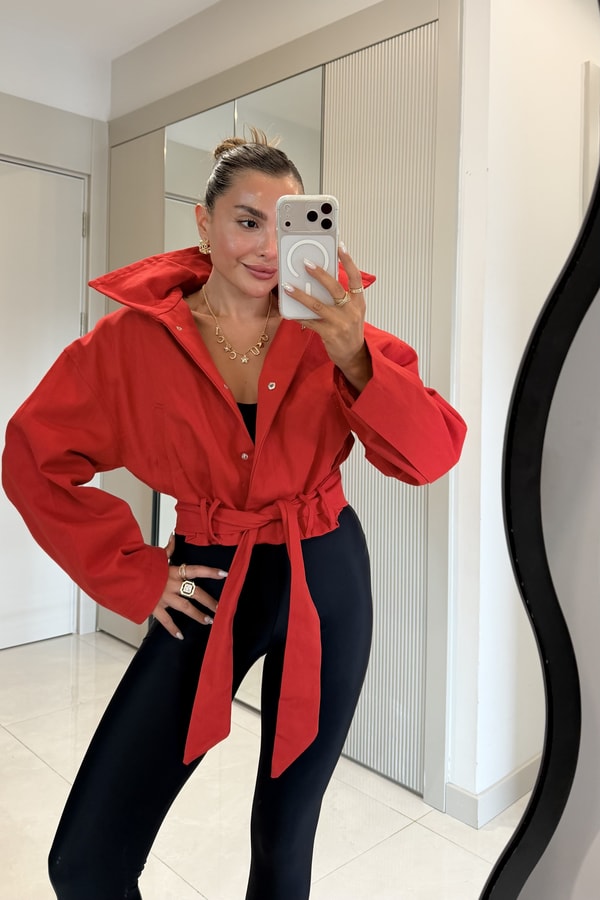 Blader Kırmızı Kuşaklı Gabardin Ceket