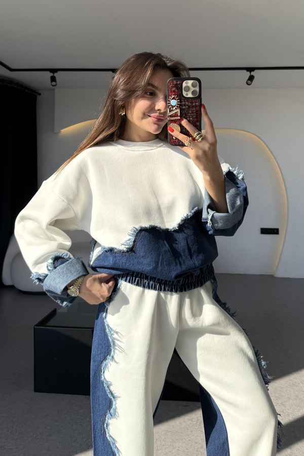 Blake Beyaz Dalga Desen Şardonlu Denim Takım