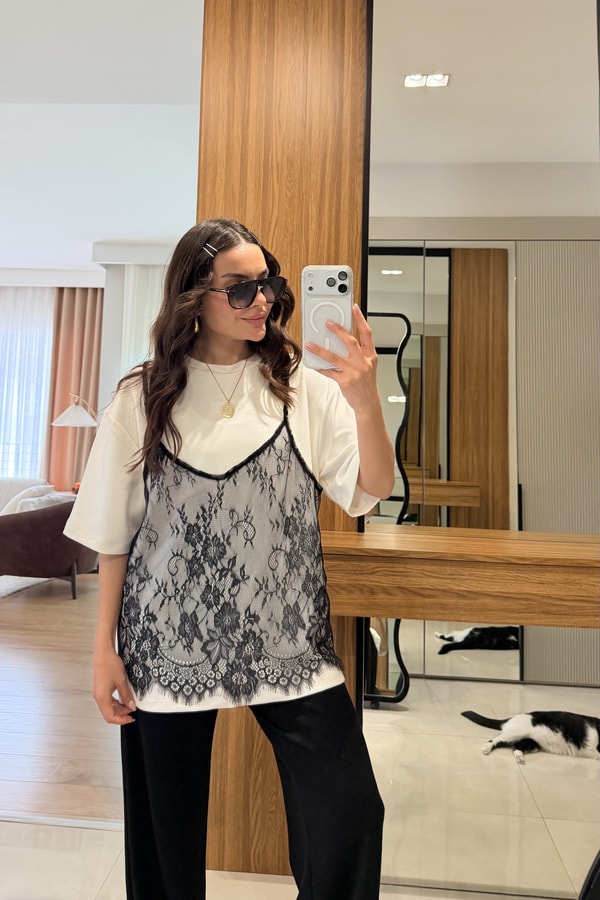 Blame Beyaz Modal Askılı Dantel Tshirt