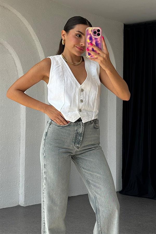 Bleart Denim Yelek-Beyaz