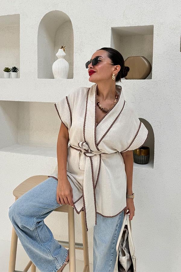 Blerina Keten Nakış Detaylı  Kuşaklı Kimono 