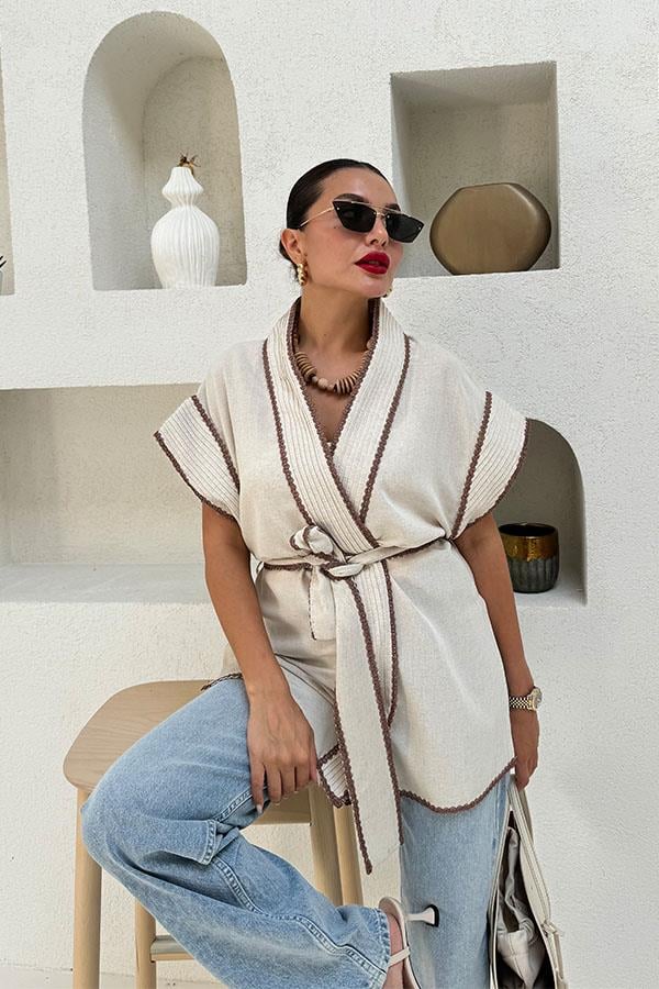 Blerina Keten Nakış Detaylı  Kuşaklı Kimono 