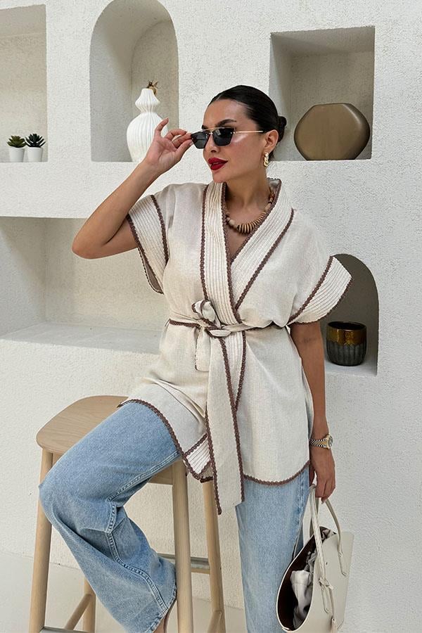 Blerina Keten Nakış Detaylı  Kuşaklı Kimono 