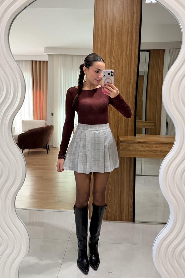 Blondie Gri Ekose Şort Etek