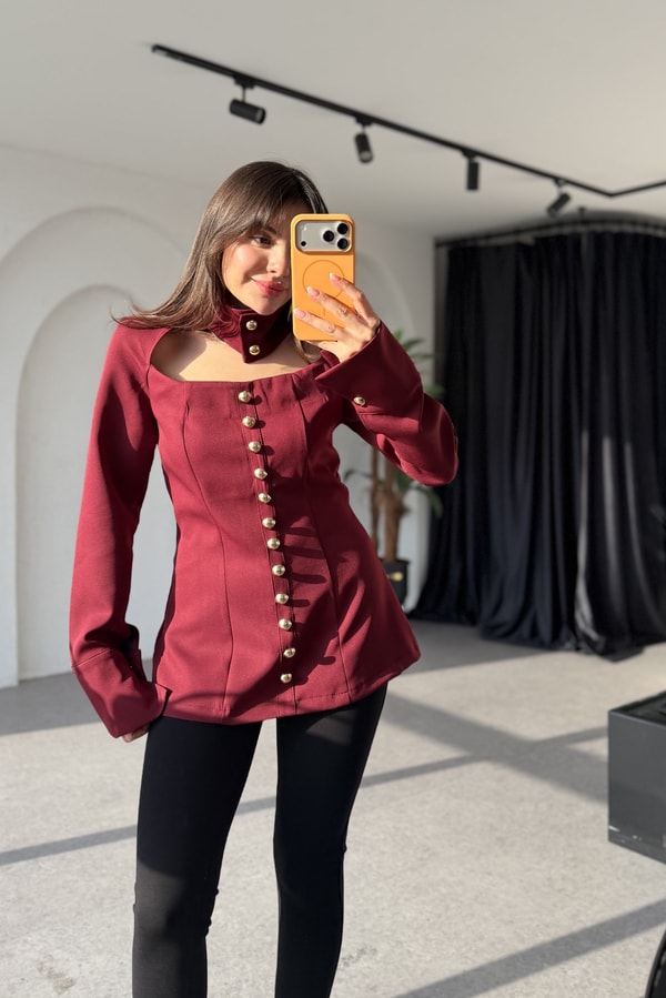 Bloom Bordo Gold Düğmeli Dekolteli Şık Bluz