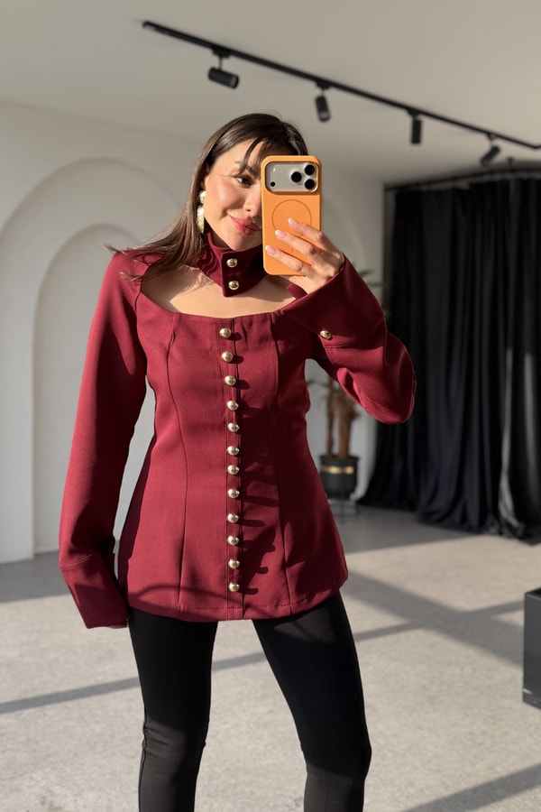 Bloom Bordo Gold Düğmeli Dekolteli Şık Bluz