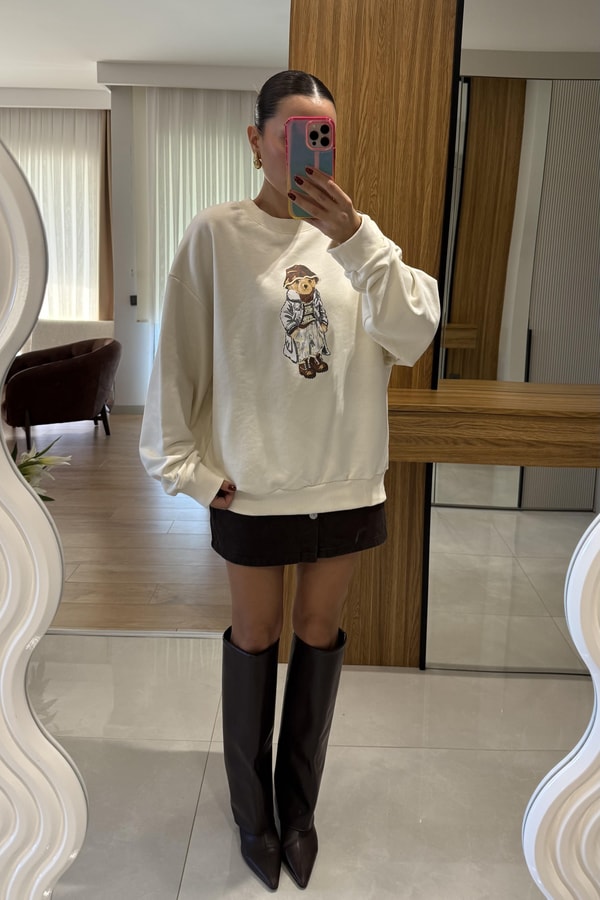 Bonia Bej Ayı Baskılı Şardonsuz Sweatshirt