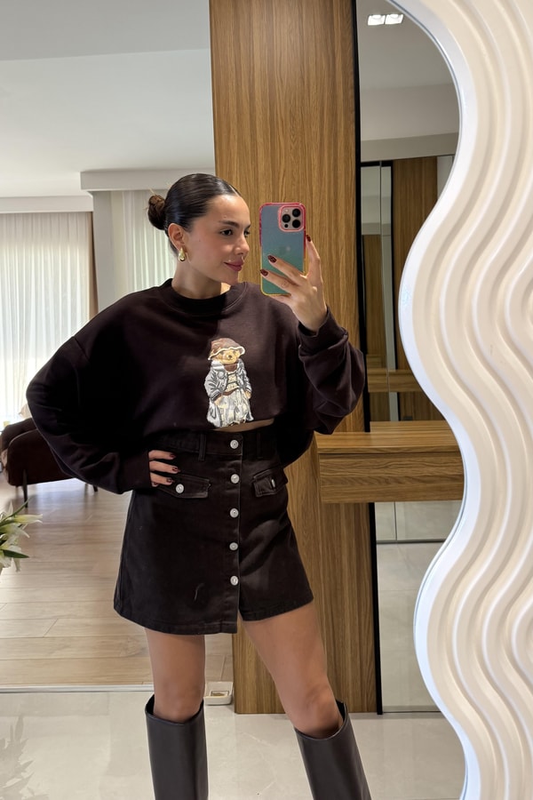 Bonia Kahve Ayı Baskılı Şardonsuz Sweatshirt