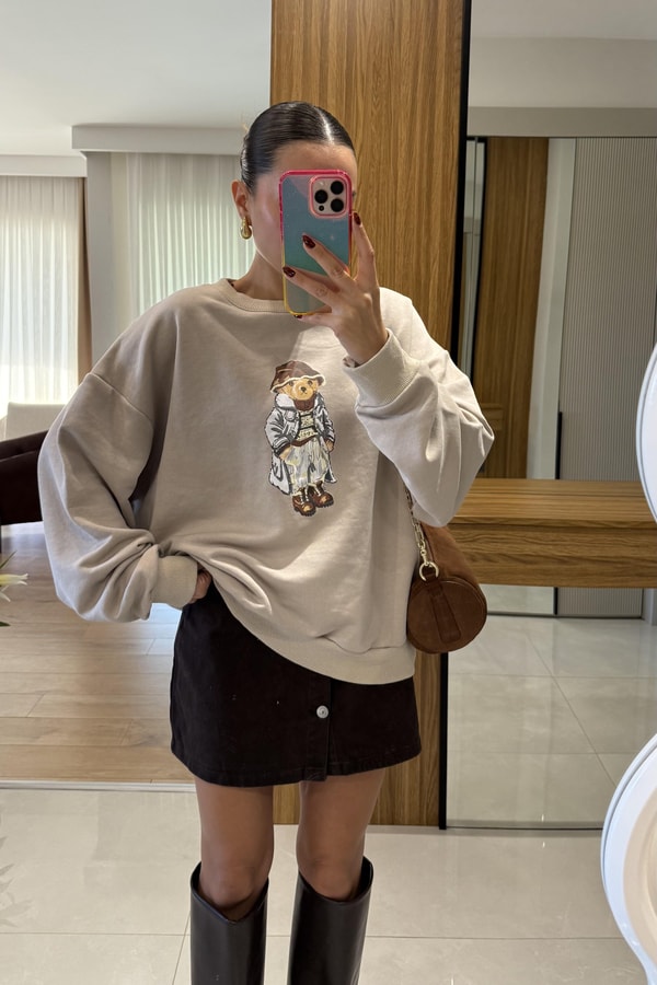 Bonia Taş Ayı Baskılı Şardonsuz Sweatshirt