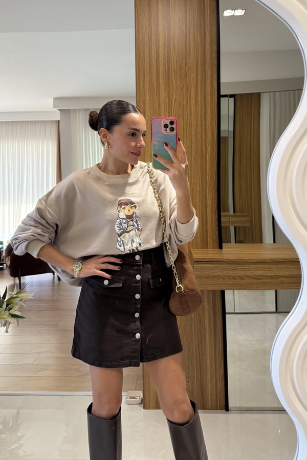 Bonia Taş Ayı Baskılı Şardonsuz Sweatshirt