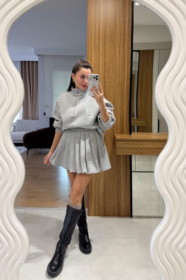 Bonnerie Gri Şardonlu Etekli Takım