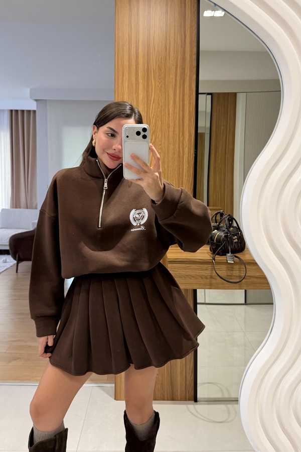 Bonnerie Kahve Şardonlu Etekli Takım