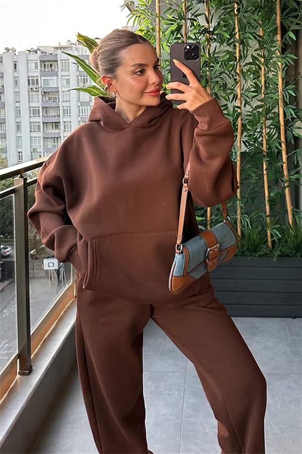 Bottega Acı Kahve Kapuşonlu Oversize Eşofman Takım