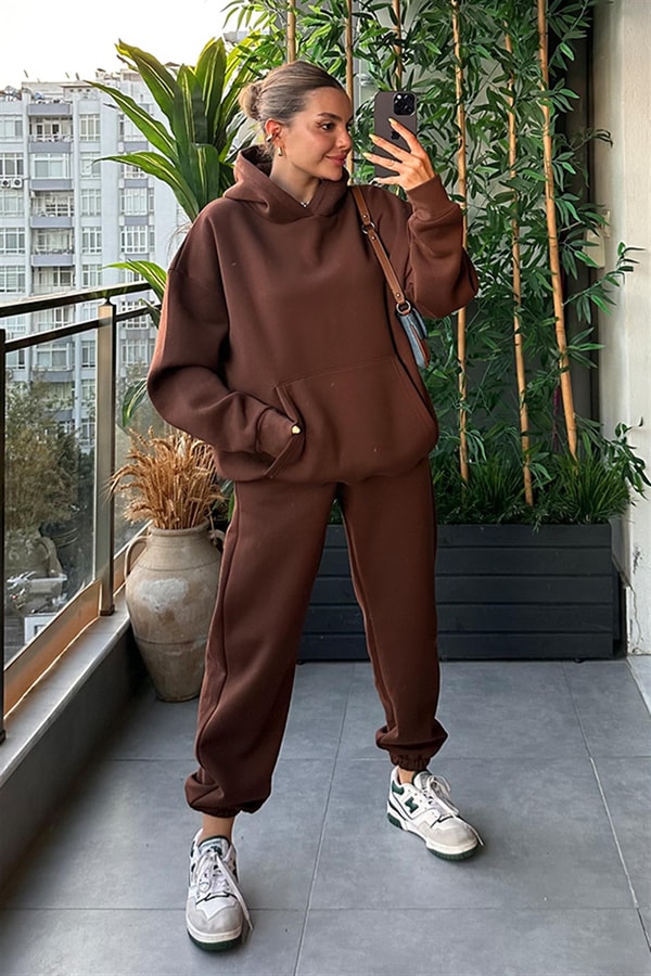 Bottega Acı Kahve Kapuşonlu Oversize Eşofman Takım