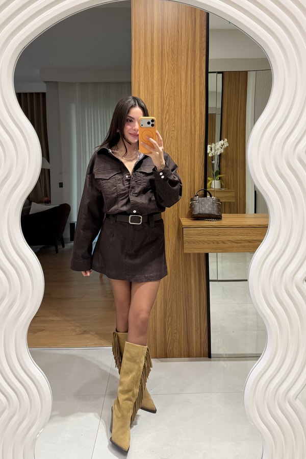 Bouje Kahve Kemerli Denim Elbise