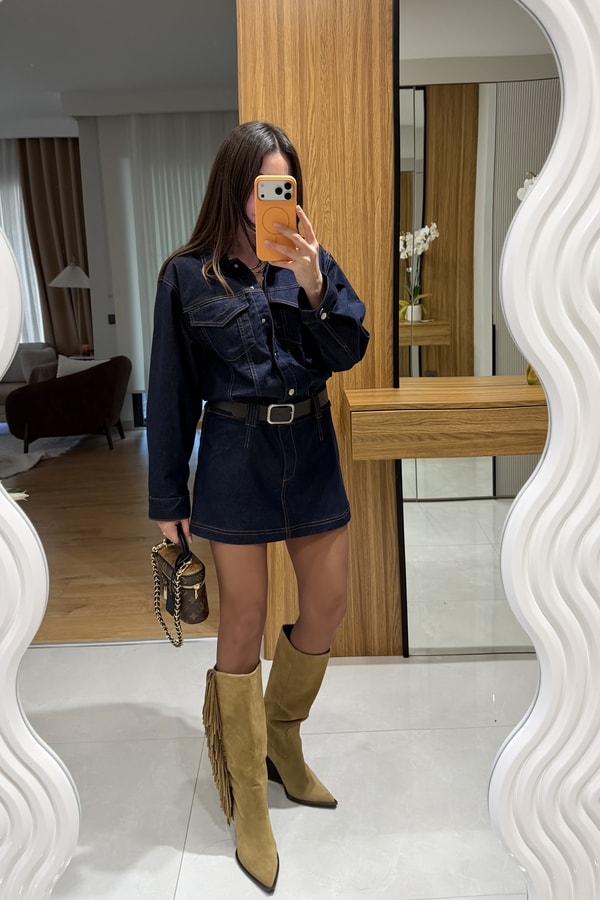 Bouje Lacivert Kemerli Denim Elbise