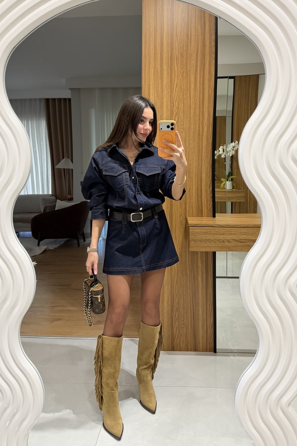 Bouje Lacivert Kemerli Denim Elbise