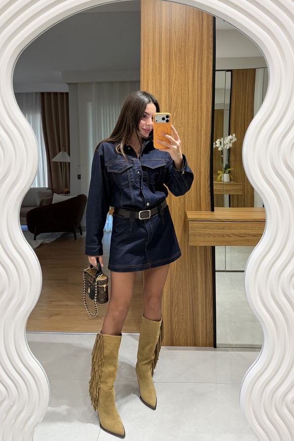 Bouje Lacivert Kemerli Denim Elbise