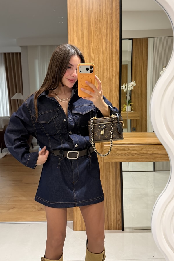 Bouje Lacivert Kemerli Denim Elbise