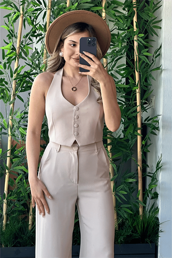 Boyundan bağlamalı ekru crop yelek