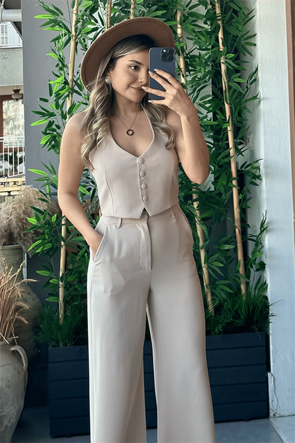 Boyundan bağlamalı ekru crop yelek