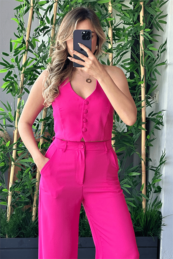 Boyundan bağlamalı fuşya crop yelek